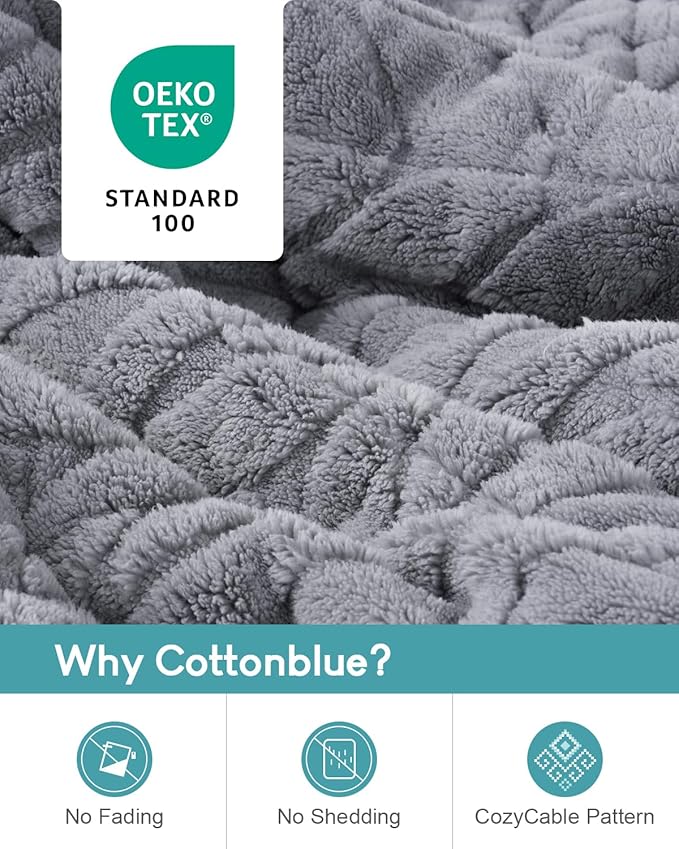 Cottonblue Jacquard Sherpa Weighted Blanket 15lbs for Twin/Full Bed - Ultra Soft, Cozy Comfort Blanket for Relaxation and Sleep, Heavy Bed Blankets with Cemaric Beads, 48x72 Inches, Grey