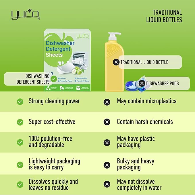 YCUO Dishwasher Detergent Sheets 100 Loads,Eco Friendly Dishwasher Detergent Plastic-Free Washer Sheets Alternative(Green Apple)