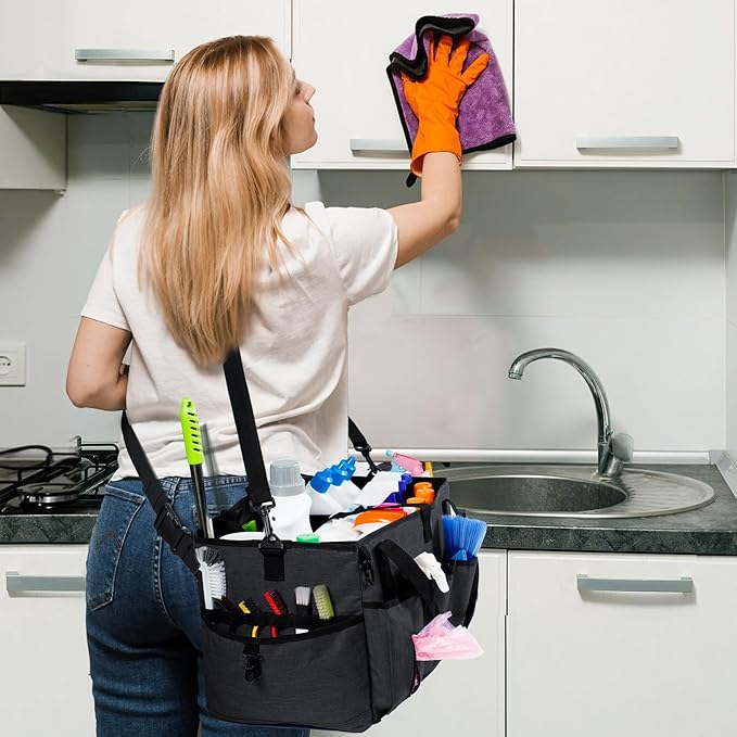 XL Professional Cleaning Caddy for Cleaning Suppliers, 17" Wearable Cleaing Bag for Housekeepers, Cleaning Organizer, Detailing Bag