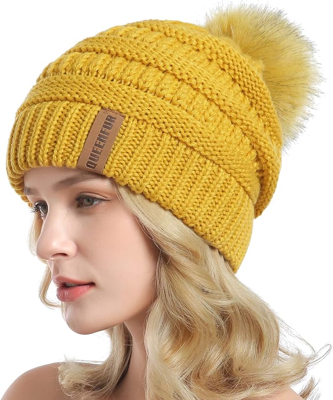 QUEENFUR Women Knit Slouchy Beanie Chunky Baggy Hat with Faux Fur Pompom Winter Soft Warm Ski Cap