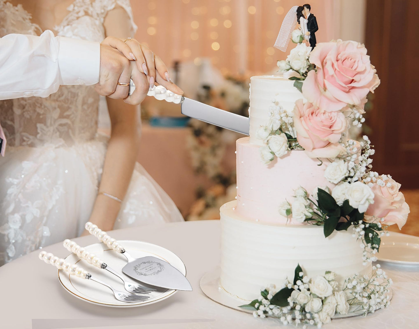 BEKESIN Wedding Cake Knife and Server Set,Ceramic Pearl Handle Cake Cutting Set for Weddings, Engagements, Anniversaries, and Engagement Gifts for Couples