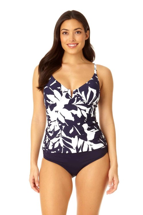 Anne Cole V Wire Elongated Underwire Tankini Navy White 34B/32C