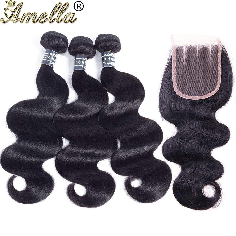 Amella Hair Brazilian Body Wave 3 Bundles with Closure (20 22 24+20 Closure)100% Unprocessed Body Wave Human Hair Weave with 4x4