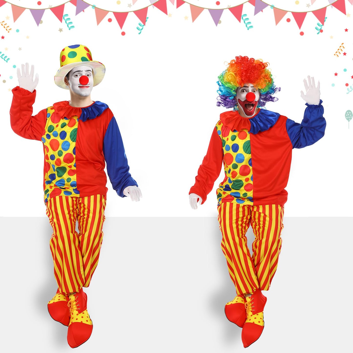 Funtery 7 Pcs Clown Costumes Set Includes Shoes, Nose, Hat, Wig, Gloves for Adults Halloween Clown Costumes(Large)