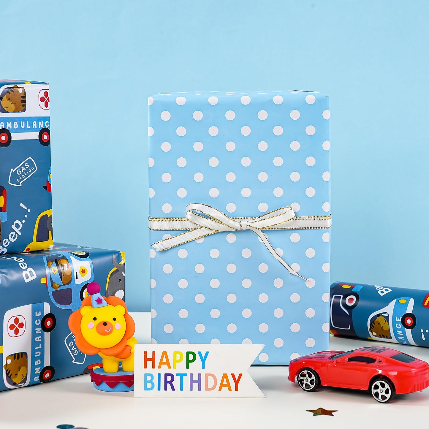 WRAPAHOLIC 30 Inch Jumbo Reversible Car Wrapping Paper - 30 Inch x 33 Feet - Adorable Police Car Fire Trucks Animal Wrapping Paper for Kids Boys Birthday, Baby Shower