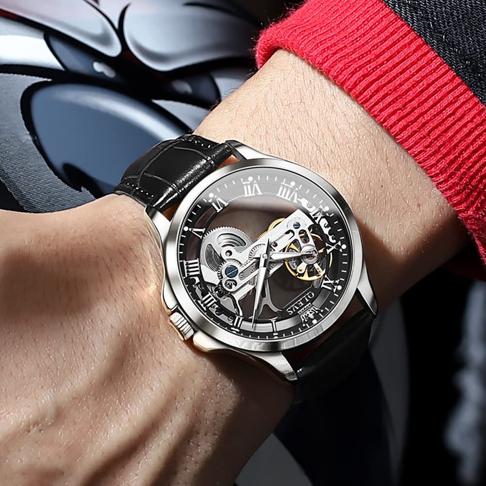 OLEVS Skeleton Watches for Men Automatic Self Winding Mechanical Luxury Dress Black Leather Waterproof Luminous Men Wrist Watch