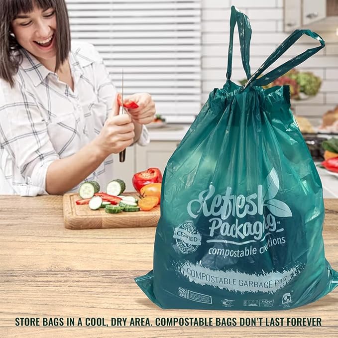 All Purpose Kitchen Trash Bags - 100% Certified Compost Safe Garbage Bag - Yard Waste Green Bin Liners - 10L / 3 Gallons - Drawstring Handles for Easy Use - 20 Bags Per Box