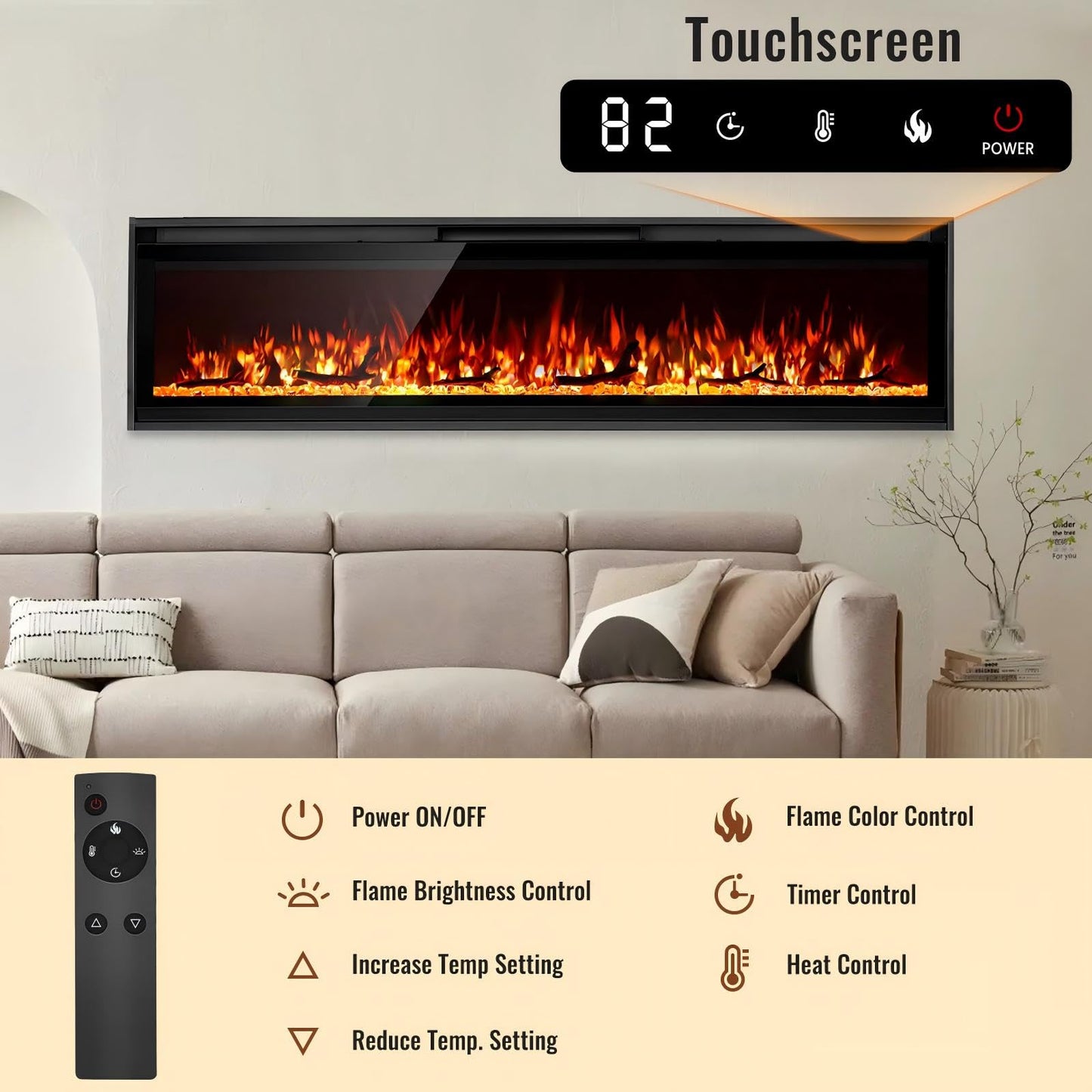 TUAN Electric Fireplace Inserts, Ultra Thin Wall Mounted Fireplace with Remote Control, Multicolor Realistic Flame, Touch Screen, Thermostat, Timer, 750w/1500w (Log & Crystal Included) (60 inch)