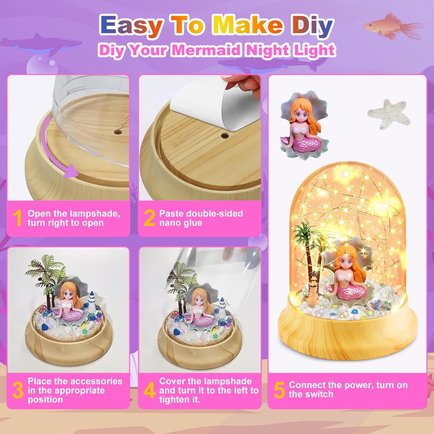 SunnyOcean 3-8 Year Old Girl Gifts, Mermaid Toys, Gifts for Girls Aged 3-8, Craft Kits for Kids, Children's Night Light Halloween Easter Christmas Gift for Kids