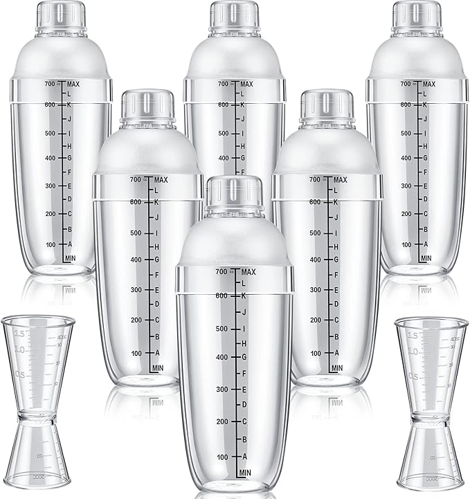 8 Pcs Plastic Cocktail Shaker Set 6 Pcs 24 oz Drink Shaker 2 Pcs Double Measuring Jigger Clear Plastic Bottle Tea Drink Mi...