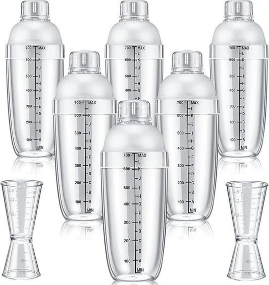 8 Pcs Plastic Cocktail Shaker Set 6 Pcs 24 oz Drink Shaker 2 Pcs Double Measuring Jigger Clear Plastic Bottle Tea Drink Mi...