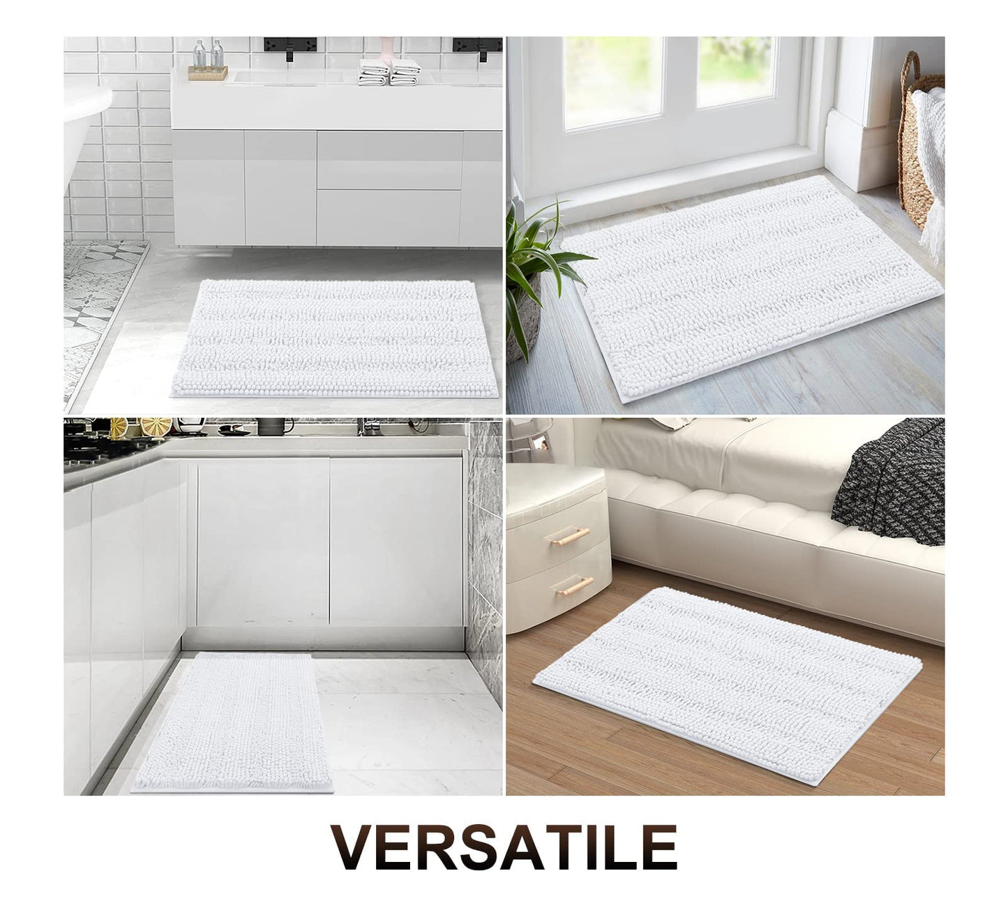 Grandaily Chenille Striped Bathroom Rugs 24x16, Extra Thick and Absorbent Bath Mats, Non-Slip Soft Plush Shaggy Shower Carpet, Machine Wash Dry, Bath Rug for Bathroom, (Small, White)
