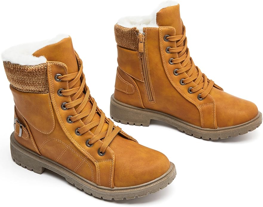 XRH Women Lace Up Combat Boot Winter Snow Boots Warm Fur Lined Ankle Booties Waterproof Hiking Boot for Women Non Slip Lea...