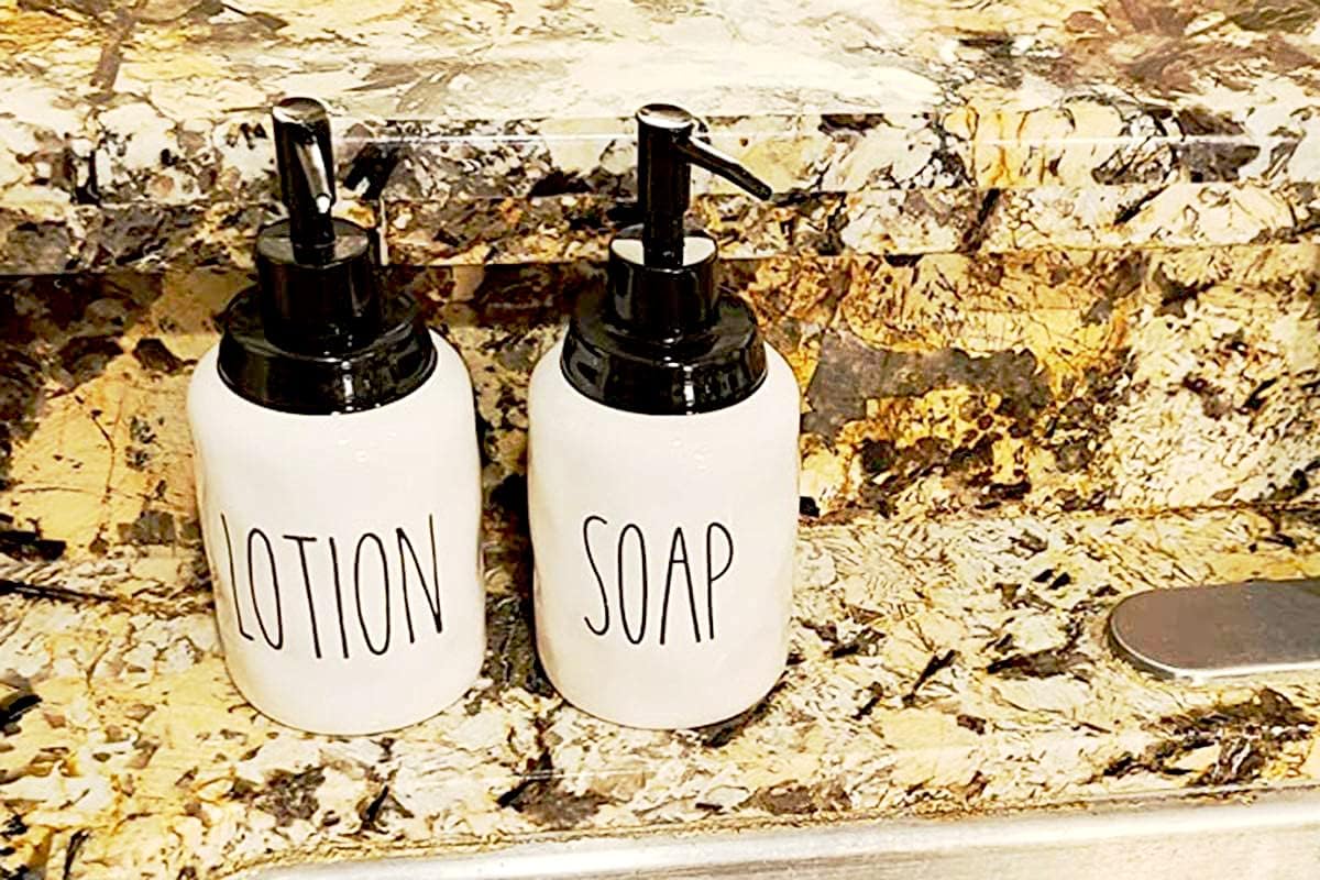 Ceramic Liquid Soap Dispenser, Modern Farmhouse Style Kitchen Counter Décor, Ideal for Kitchen Dish Soap, Hand Soap, Essential Oil & Lotion (Lotion, White Bottles with Black Pump and Lettering)