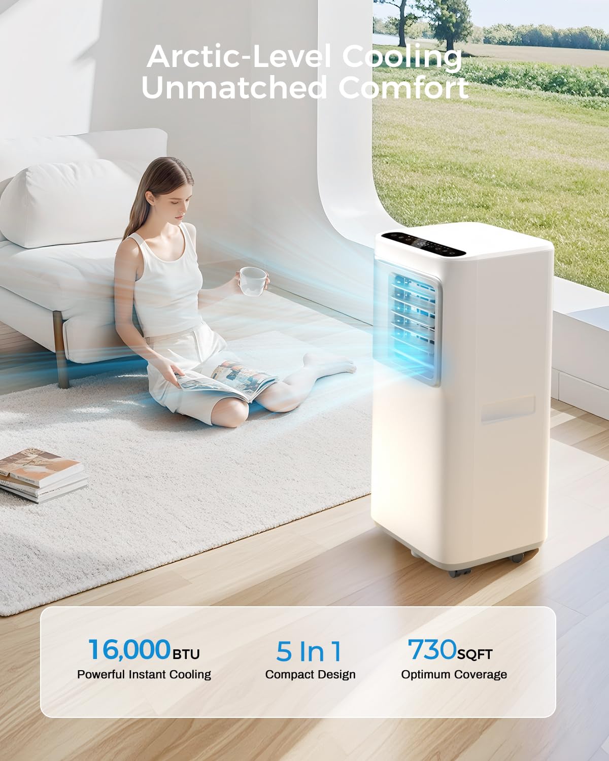 16000 BTU Portable Air Conditioners for Large Rooms up to 750 Sq. Ft., 5-in-1 Smart AC with WiFi App, Remote Control, Fast Cooling, Dehumidifier, Sleep Mode, 24H Timer & Window Kit