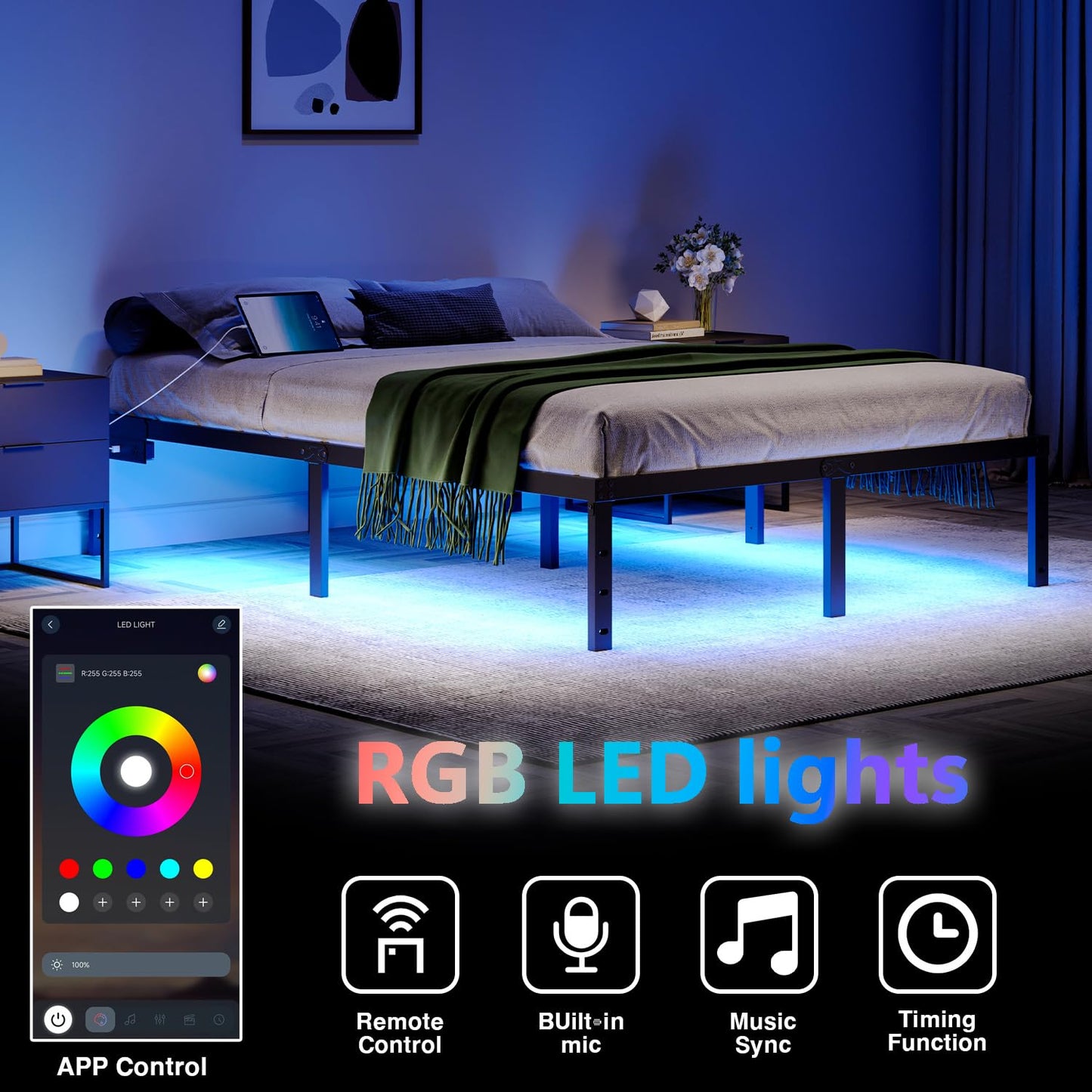 HAVONIZD Queen Bed Frame with LED Lights & Charging Station - 14 Inch Heavy Duty Metal Platform Bed Frame No Box Spring Needed, Easy Assembly, No Noise