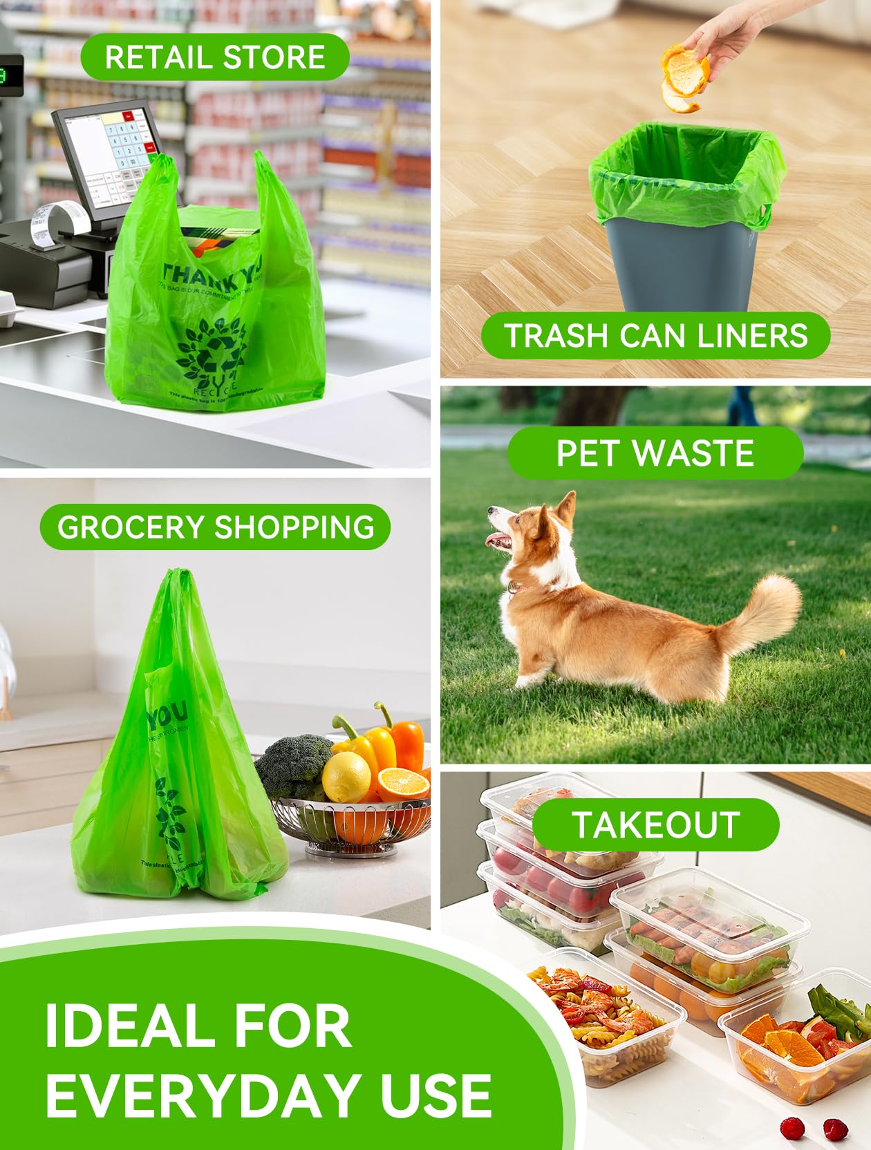 [100 per box] | Recyclable Compostable Reusable Biodegradable Plastic T-Shirt Bags | Grocery Shopping Bags | Green Eco Plastic Bags (100 per Pack) | T-Shirt Carryout Bags 100 count Restaurant Quality, Durable, Reusable and Econ Friendly | Measures 11. 5"