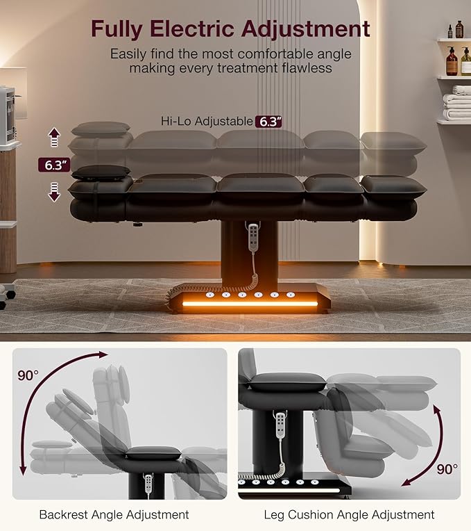 VARONXE Fully Electric Massage Table w/3 Motors, Professional Angle and Height Adjustable Spa Bed Facial Chair, Motorized Esthetician Bed Treatment Table for Beauty Salon, Stool Included, Black