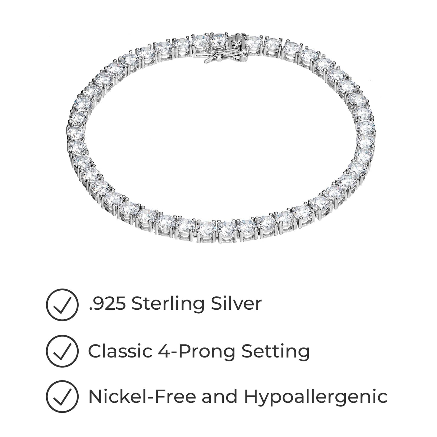 Amazon Essentials Platinum Plated Sterling Silver Round Cut Cubic Zirconia Tennis Bracelet (4mm), 7.75 (previously Amazon Collec