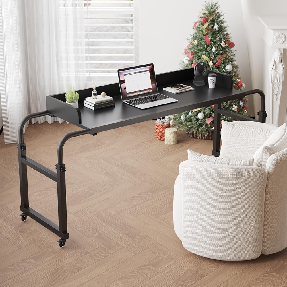 LINGMI Overbed Table with Wheels, Bed Desk Recliner Table Adjustable Height Laptop Table, Queen King Size Over The Bed Table with Wheels & Heavy Duty Metal Leg Laptop Desk for Recliner