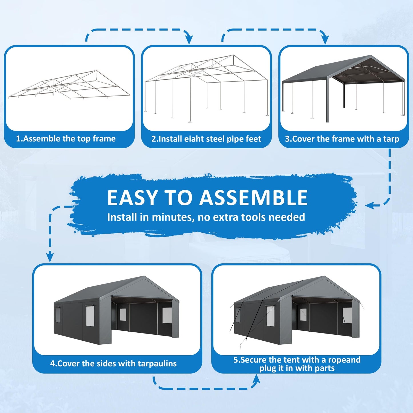 Polar Aurora Carport 20x20 FT, Heavy Duty Car Port Canopy, with 2 Side-Opening Door & Roll-Up Windows, Outdoor Portable Garage for Car, Truck, Boat, Motorcycle