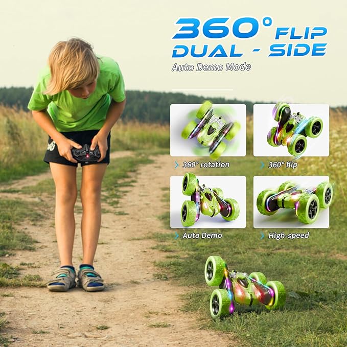 Remote Control Stunt Car – 4WD 360° Flip Double‑Sided RC Car LED Light Bar & Modular USB‑C Battery, 2.4 GHz Off‑Road Toy, Birthday for Boys Girls Ages 6‑12, Green