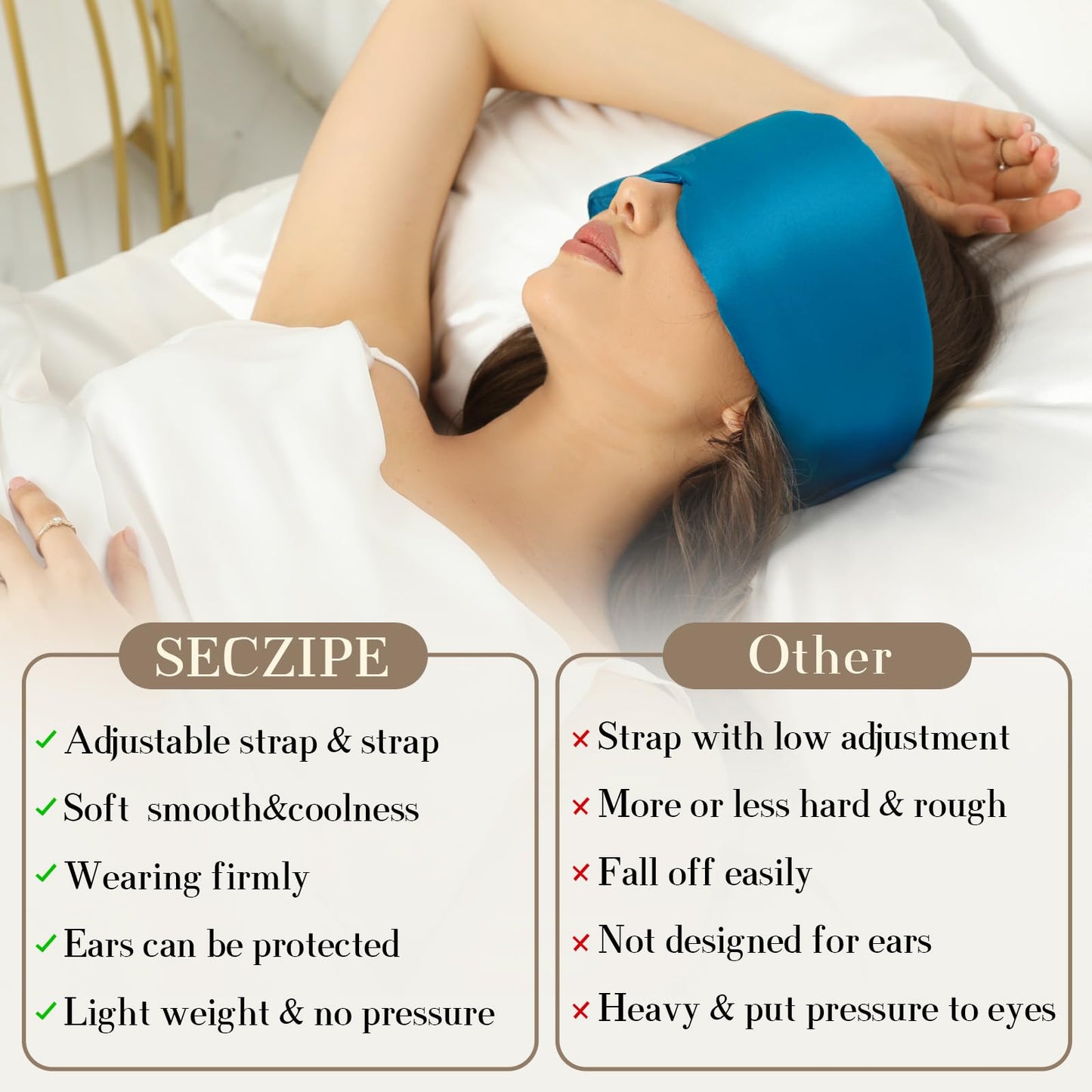 SECZIPE 100% Mulberry Silk Sleep Mask Eye Mask for Women Man with Adjustable Band, for Side Sleeper Blackout Sleep Mask for Travel Rest and Office Large Size (Blue)