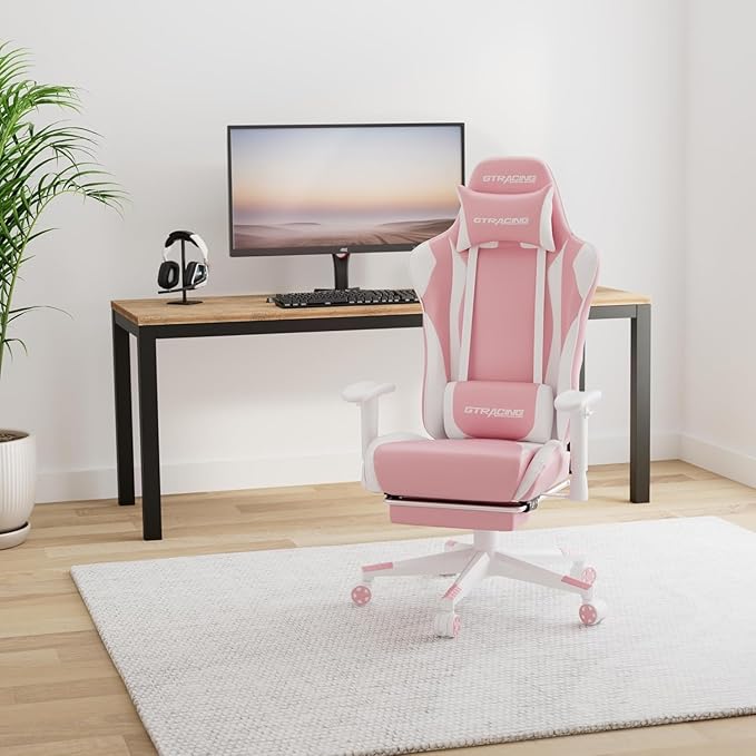 GTPLAYER Gaming Chair with Footrest, Ergonomic Computer Game Desk Chair, Reclining Game Chair Seat Height Adjustment, Swivel Rocker with Headrest and Lumbar (Pink)