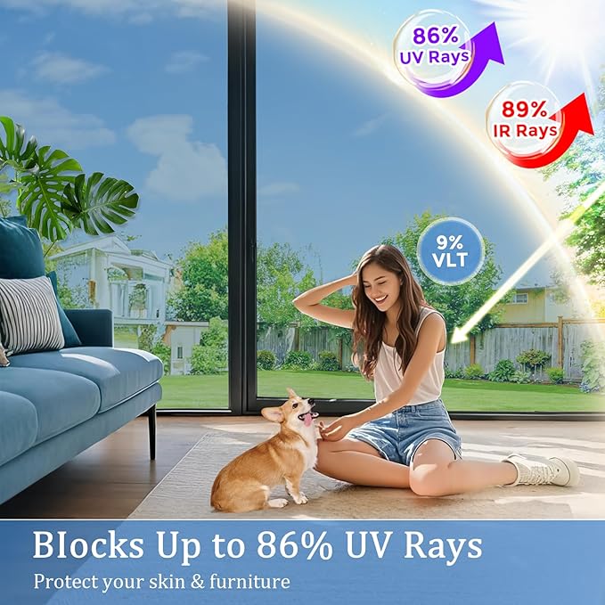 Coavas One Way Privacy Window Film,Daytime Window Tint for Home, Reflective Mirror Glass Window Film See Out Not in,Heat UV Blocking Anti-Glare Window Covers with 3 Tools, 35.4 x 197 Inch, Blue