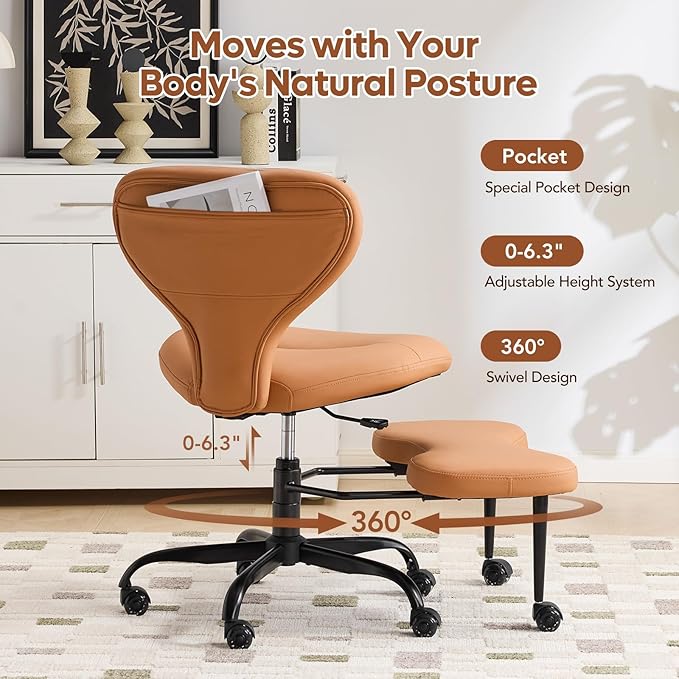 YFO Ergonomic Cross Legged Office Chair and ADHD Meditation Chair with Silent Wheels for Home Office Desk Chair and Yoga, Wider Backrest Support and Storage Pockets Design, PU Leather, Orange