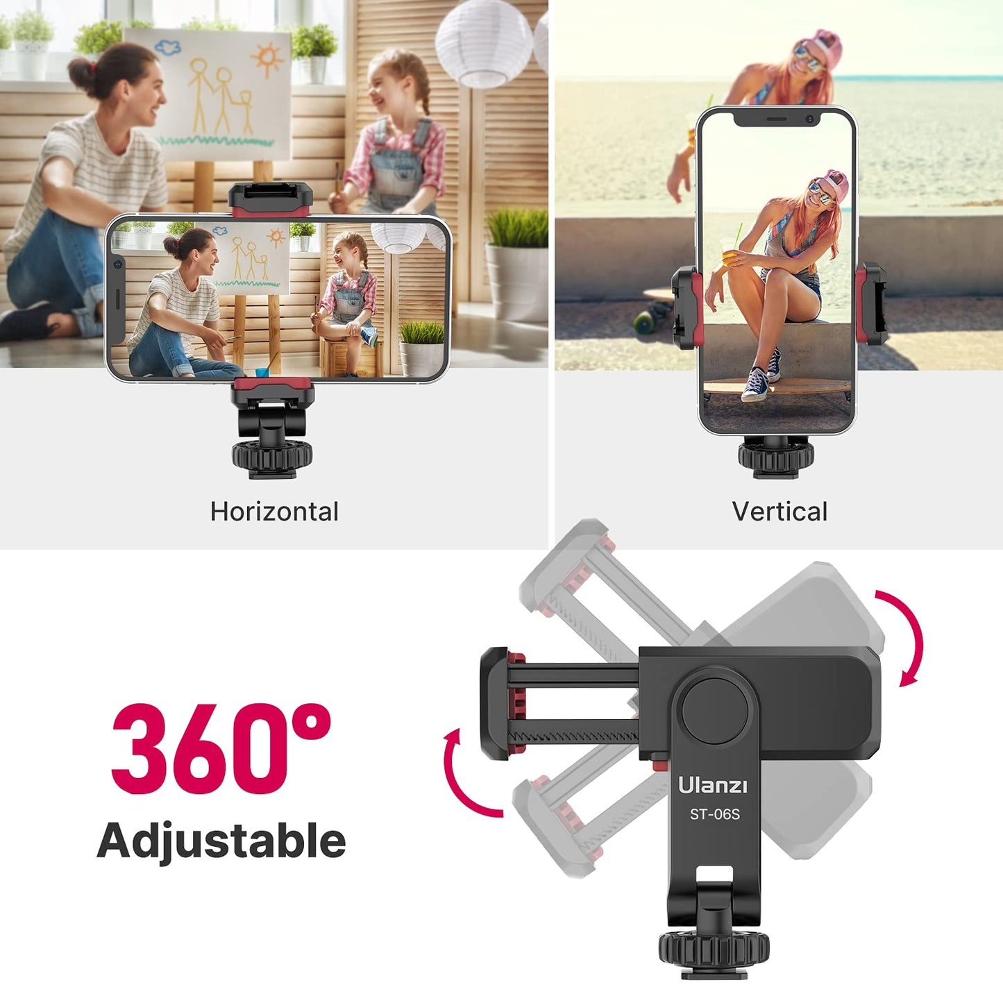 Ulanzi Phone Tripod Mount St-06S, Universal Smartphone Mount Adapter With 2 Cold Shoe, 360 Rotates Adjustable Cell Phone Clip Cl