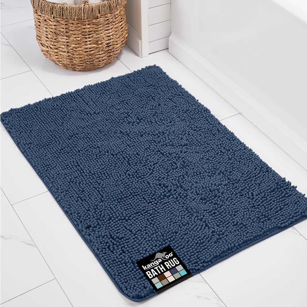 KANGAROO Bathroom Rugs, Chenille Soft Absorbent Bath Rug, Shaggy Shower Mat, Quick Dry Machine Wash Bathmat, Plush Carpet Mats for Tub, Bathtub and Room Home Decor Accessories, 36x24, Navy Blue
