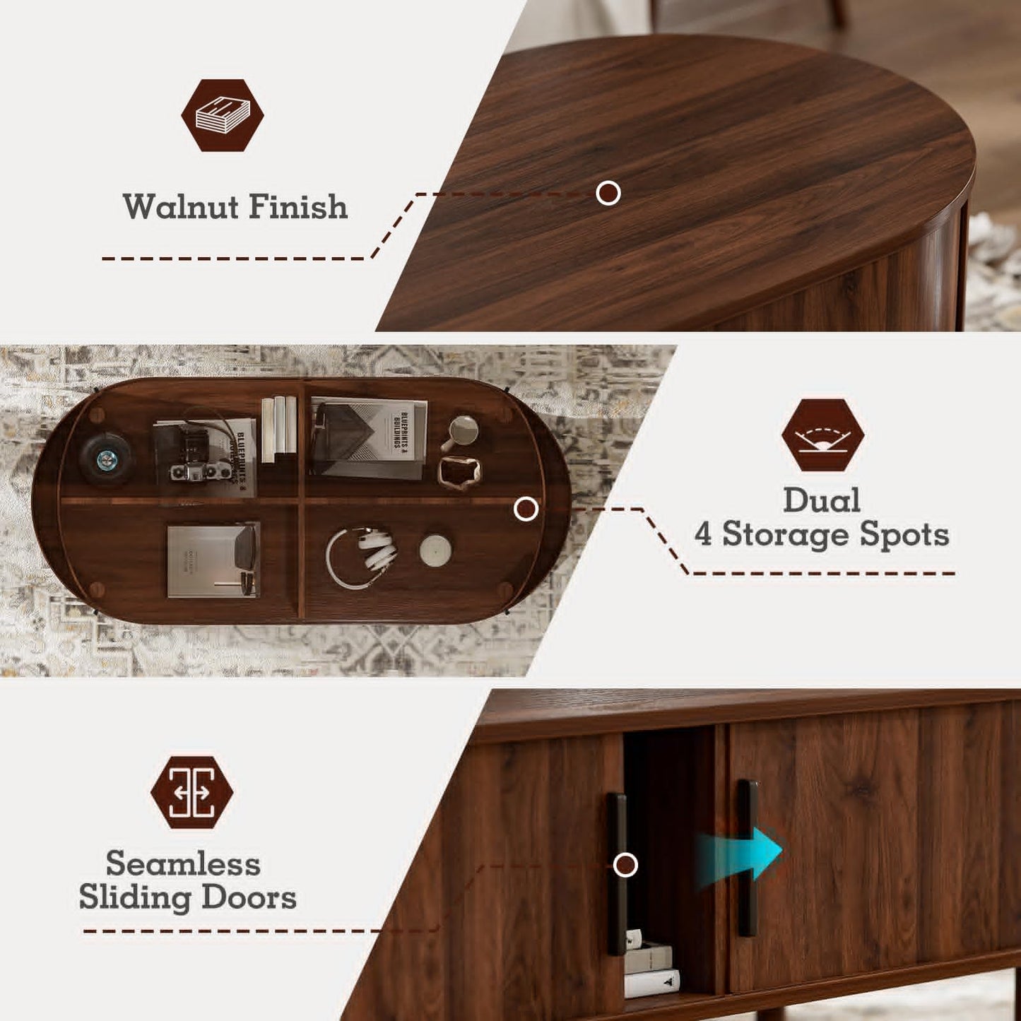 ZttRiee Coffee Table for Living Room, Modern Oval Coffee Table with Cabinets & Sliding Doors, Home Small Space, 47.2" Fluted Center Table, Walnut