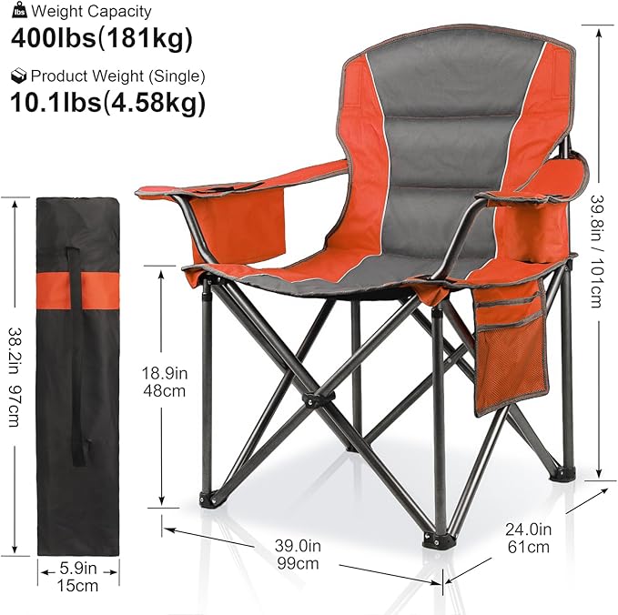 LANMOUNTAIN Oversized Padded Camping Chairs for Adults,Heavy Duty Support 400 Lbs,Folding Portable Lawn Chair w/Cup Holder,Cooler Bag,Side Pocket,Perfect for Outdoor Picnic,Hiking(Orange)