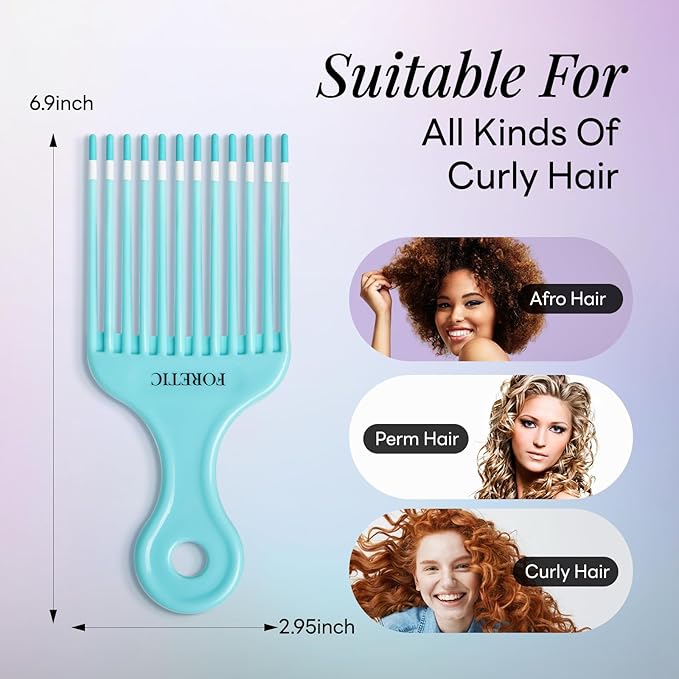 Smooth Hair Pick Comb for Curly, Thick, Medium to Long Hair, Facial -6.9inch（Blue, Pink）