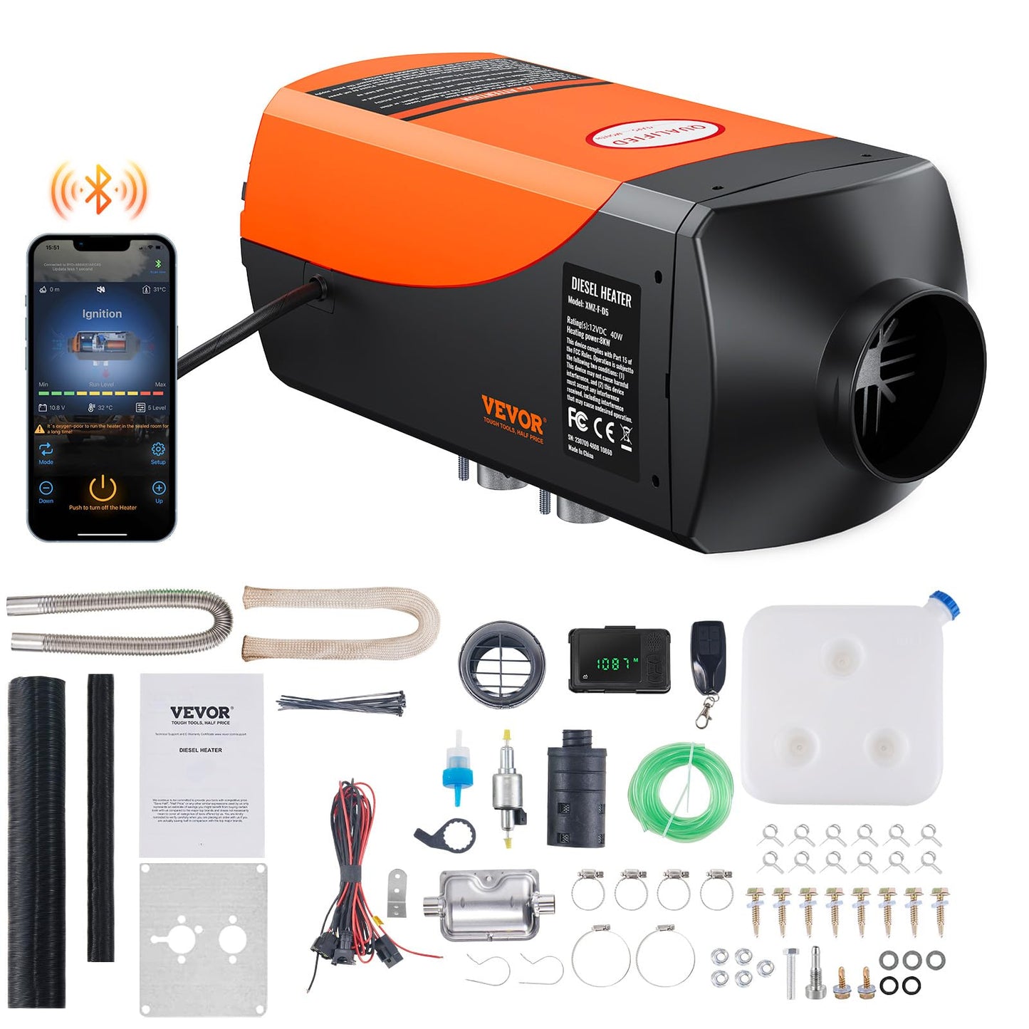 VEVOR 8KW Diesel Heater, Parking Heater with Automatic Altitude Adjustment, Max 18045 ft, Bluetooth App Control Diesel Air Heater, Remote Control and LCD, for Car SUV Trailer Camper Van Boat Garage