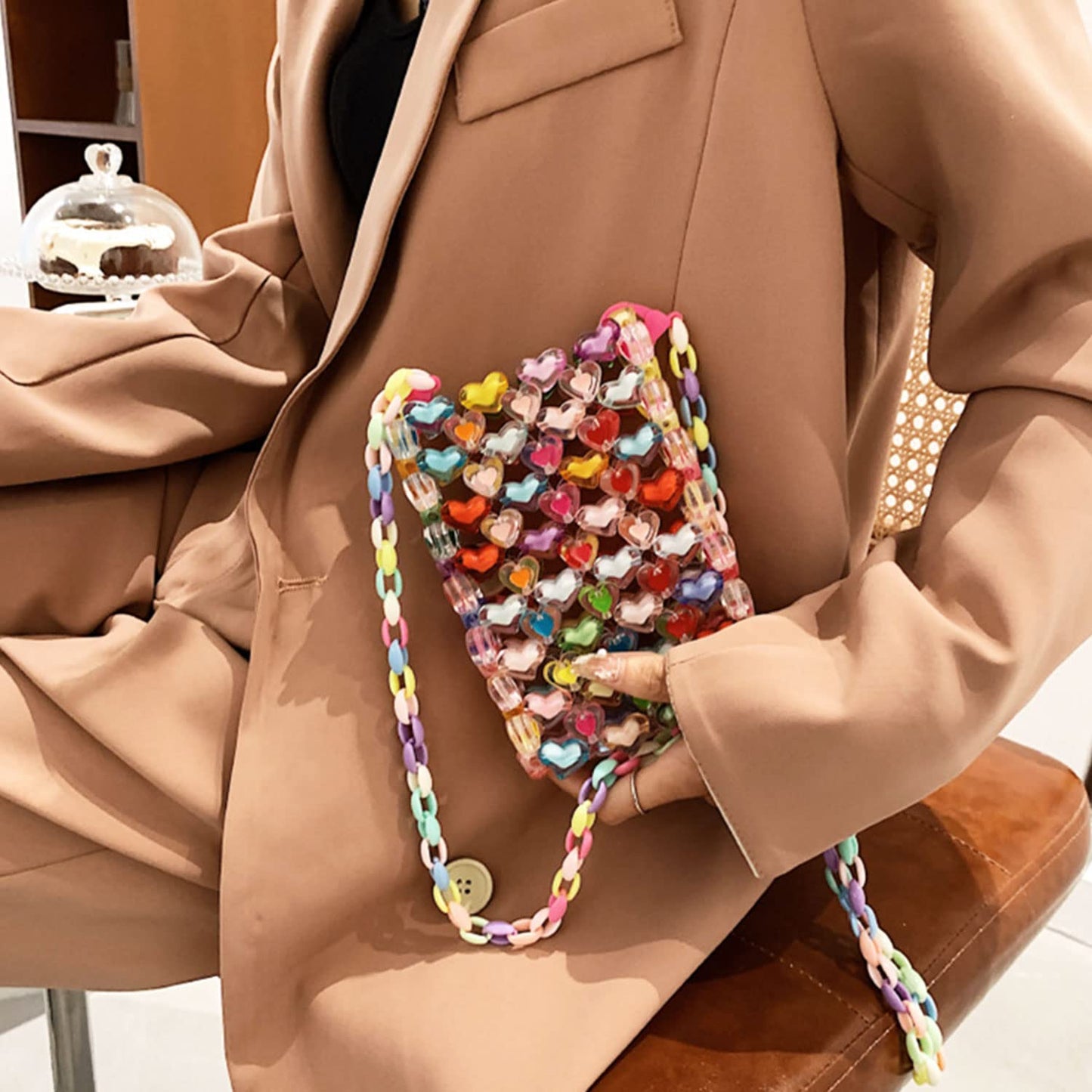 YEZILUU Woman's fashion rainbow bag colorful beads bag red crystal bag hand-woven glitter beads bag (beads big bag)