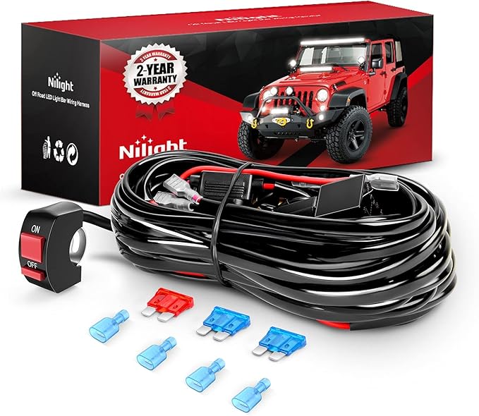 Nilight LED Light Bar Wiring Harness Kit Motorcycle Handlebar Push Button Switch 16AWG 2 Leads 12V On Off for ATV UTV Driv...