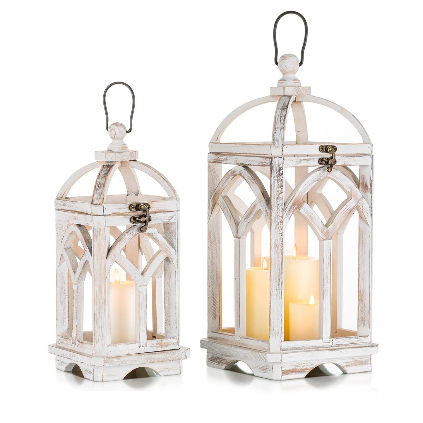 Romadedi Decorative Candle Lantern Wood - Rustic Wooden Lantern for Farmhouse Home Living Room Shelf Patio Table Decoration Christmas Holloween Wedding Party Table Centerpiece, Washedwhite