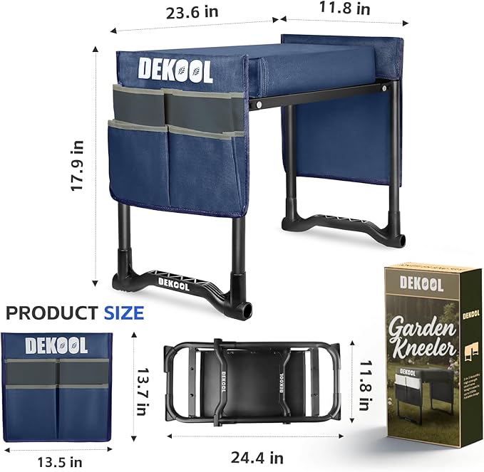 Dekool Garden Kneeler and Seat with Upgraded Wide & 3" Thick Kneeling Pad, Heavy Duty Garden Stool with 2 Large Tool Bags, Portable Bench for Weeding, Gardening Gifts for Women, Men, Seniors, Blue