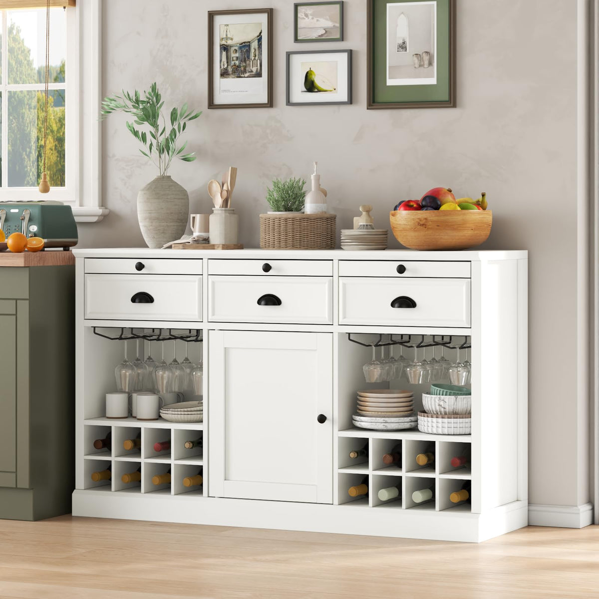Loomie Wine Bar Cabinet with Pull-Out Trays & Drawers, Liquor Cabinet with Wine Rack & Stemware Holder, Coffee Bar Cabinet with Door & Adjustable Shelf, Kitchen Buffet Cabinet for Home Pub (White)
