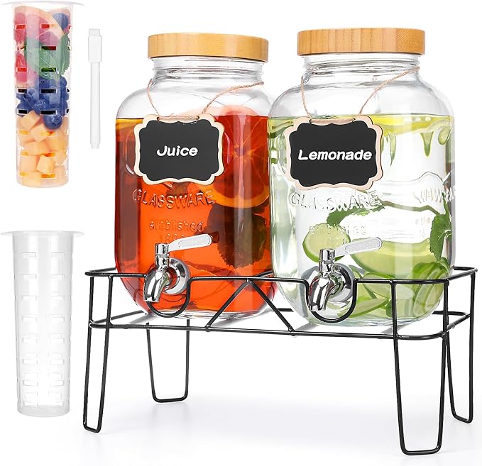 2 Pack 1 Gallon Glass Drink Dispenser with Bamboo Lids, Beverage Dispenser with Stand, Drink Machine for Lemonade, Iced Dr...
