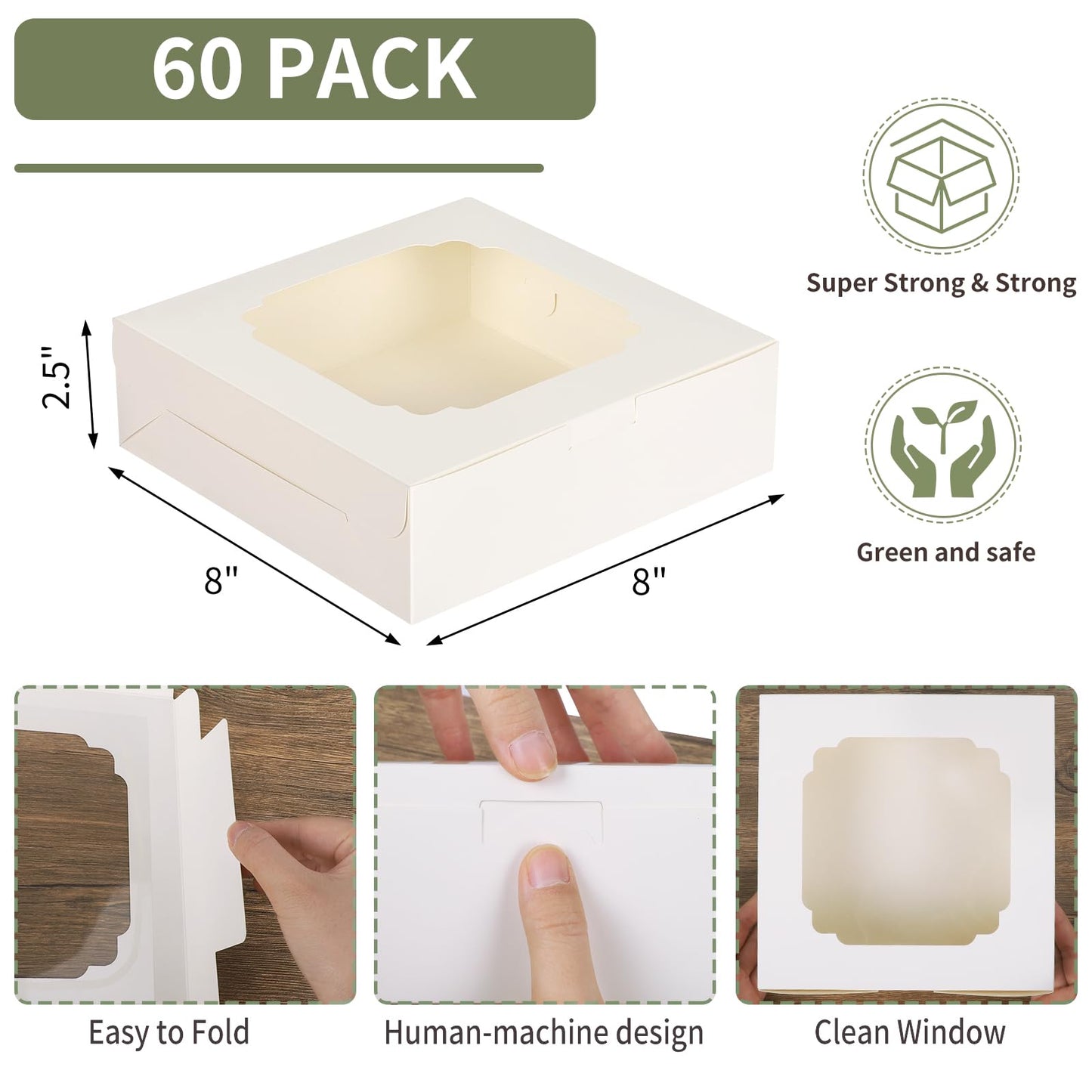 TOMNK 60pcs Cookie Boxes, 8x8x2.5 Inches Bakery Boxes with 2 Style Windows for Chocolate Strawberries, Pie, Pastry, Dessert, Cake