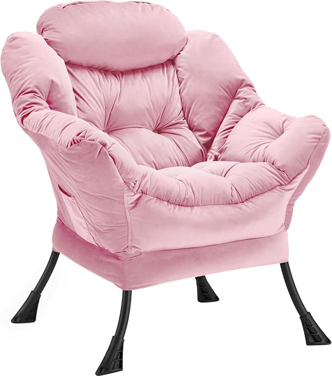 Youtanic Lazy Chair Thick Padded, Comfy Velvet Accent Lounge Chair with Stable Frame, Leisure Sofa Armchair with Armrests and Side Pocket, Reading Chair for Bedroom, Living Room, Office, Pink