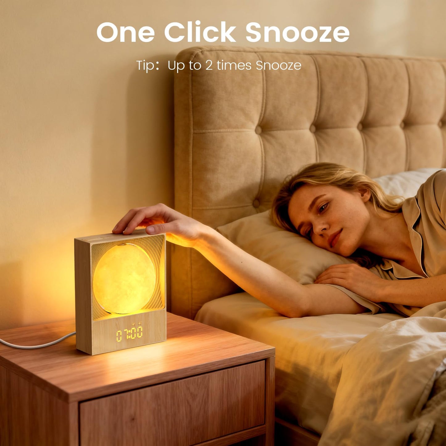 Epochleno Sunrise Alarm Clock, 360-Degree Rotating Moonlight & 10 White Noise Sounds, Dual Alarm & Snooze for Heavy Sleeper, Timer, Wooden Bedroom Light Gift - Wood