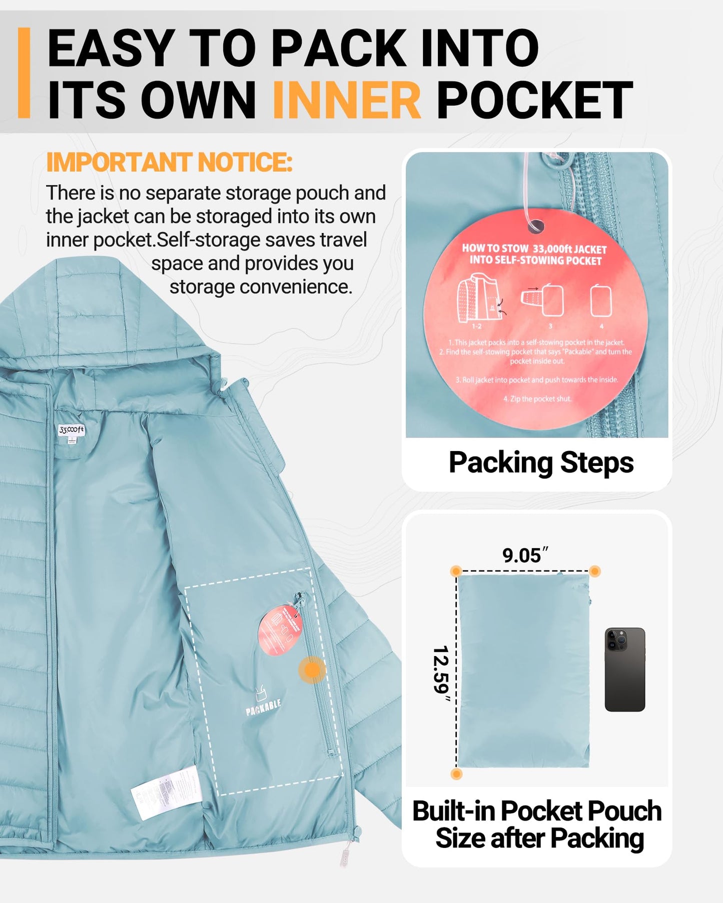 33,000ft Women's Hooded Packable Puffer Jacket Lightweight Warm Puffy Quilted Winter Coat