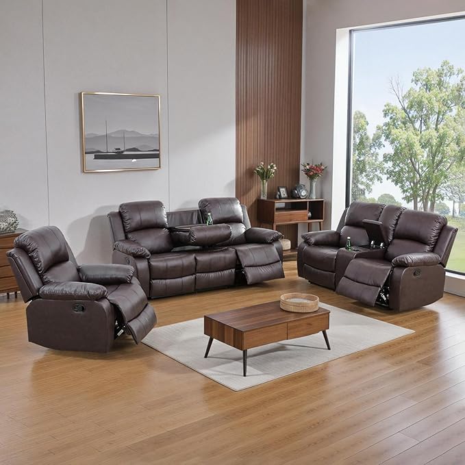 JBXBER Manual Recliner Sofa Set for Living Room, Leather Reclining Sofa Sets, Faux Leather Couch Set with Cup Holders, Drop-Down Table and Storage Console(3 Piece Set,Brown)