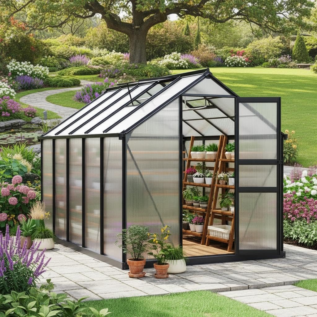Garvee 6x10 FT Outdoor Greenhouse - Quick Setup Structure, Polycarbonate with Lockable Door, 2 Roof Vents, Aluminum Walk-in Heavy Duty, Perfect for Garden Backyard
