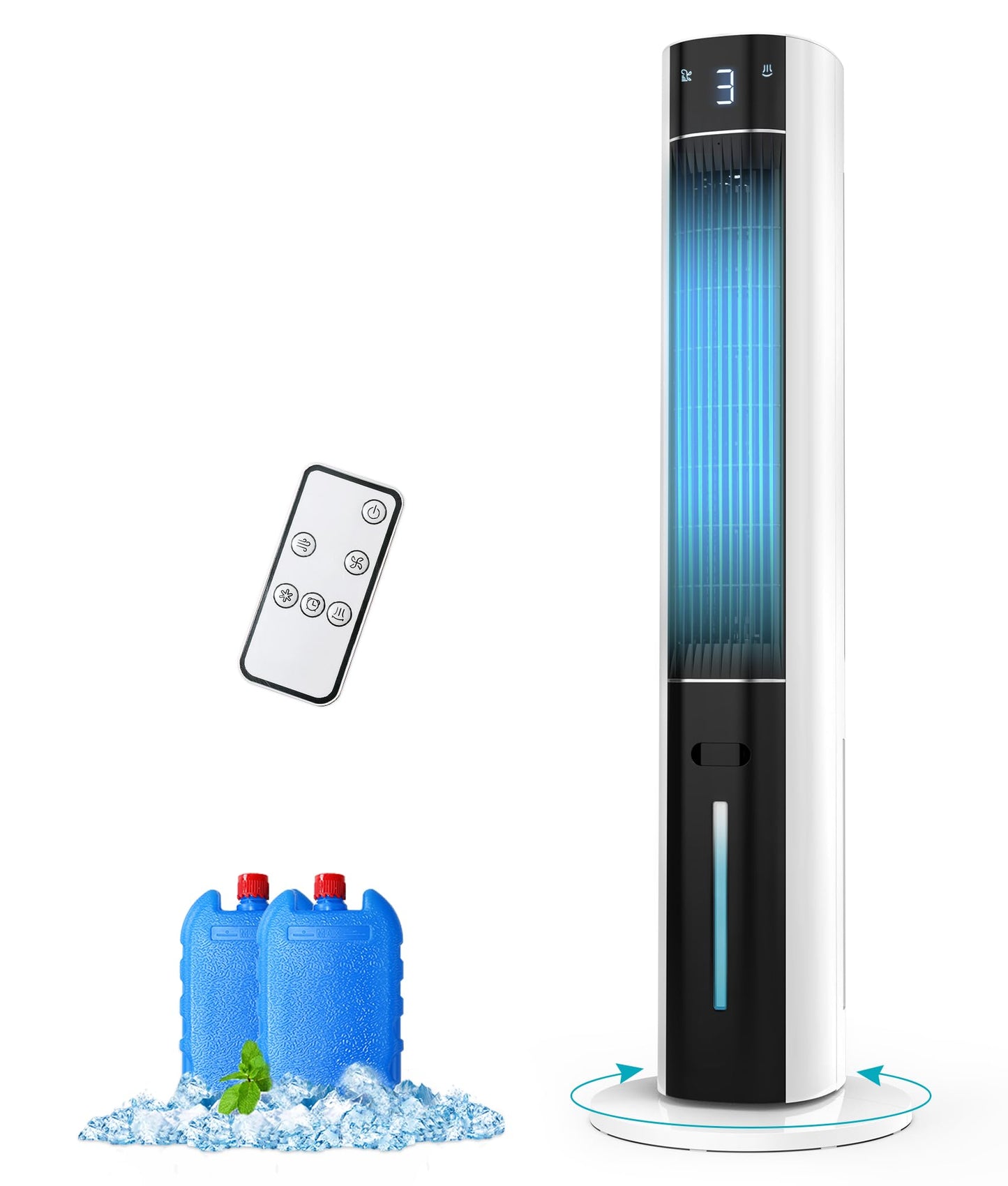 Rellytech Evaporative Air Cooler - Swamp Cooler with 3L Water Tank, 3 Modes & 3 Speeds, Remote Control, 12H Timer, 50° Oscillating Portable Bladeless Cooling Tower Fan For Room Bedroom Office
