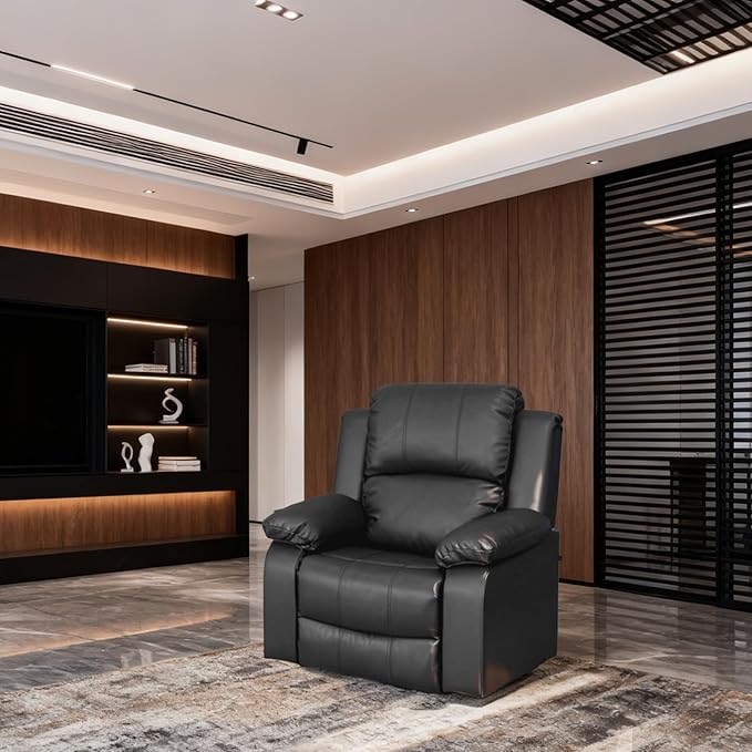 Saxum Tegmen Living Room Furniture Sets, Sectional Leather Sofa Set, Adjustable Recliner Chair with Manual Button for Living Room/Office (Chair, Black Leather)